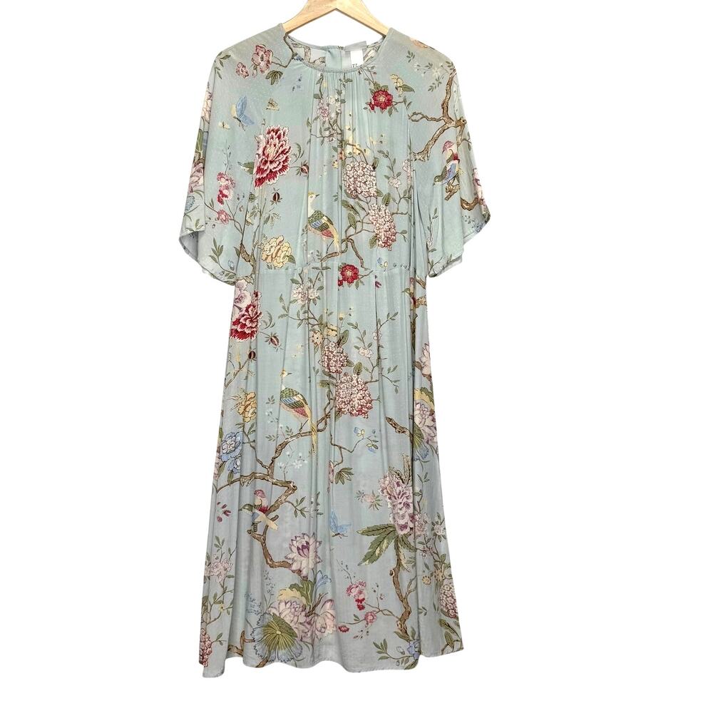 GP & J BAKER x H&M Bird Floral Midi Dress Womens 8 Blue Chinoiserie Garden Party